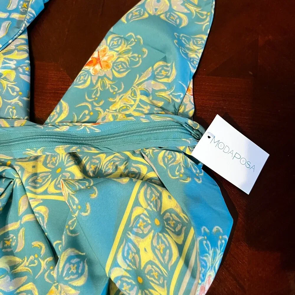 Modaposa Hobo Beach Bag W/ Zip Closure Floral‎ Print Blue & Yellow